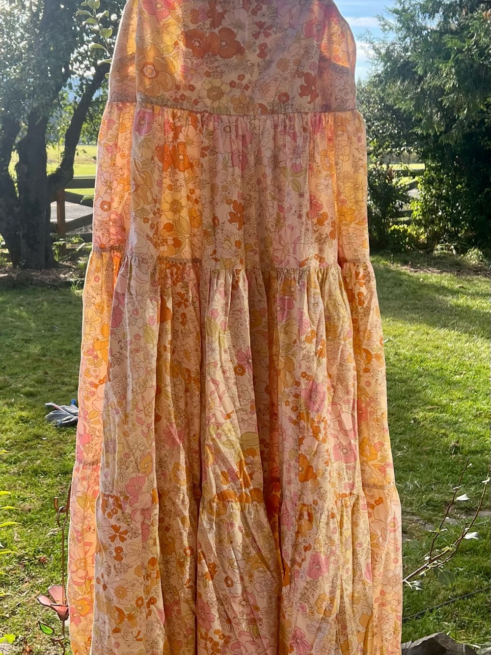 Free People Floral Tiered Maxi Skirt in Peach, Pink and Orange